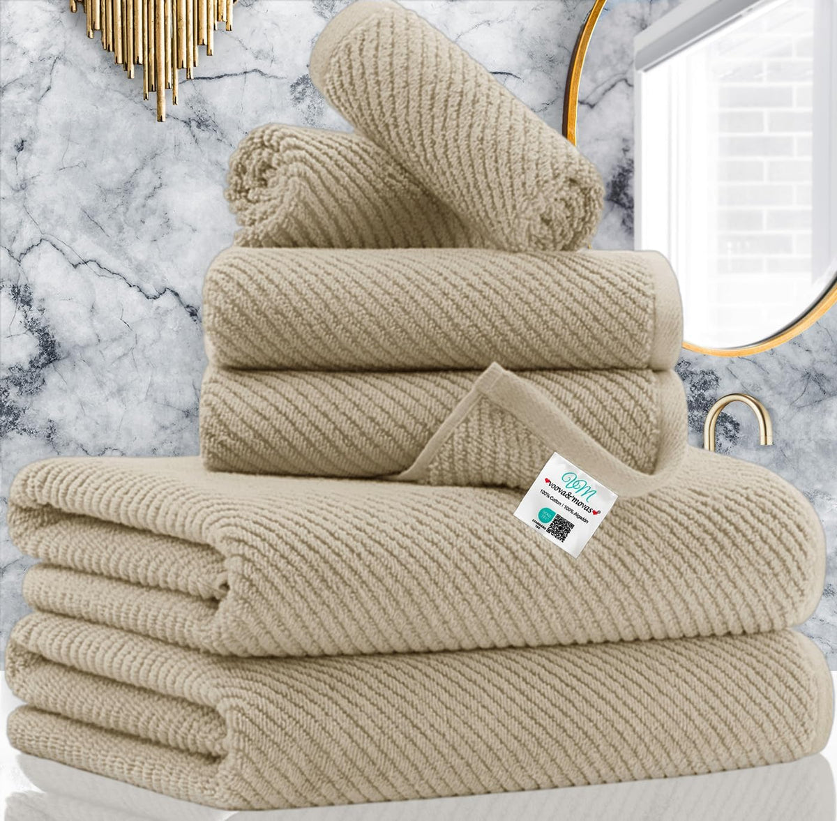 VOOVA & MOVAS Tan Bath Towels - 100% Cotton | Lightweight | Soft | Thick, 2 Bath 30"x56", 2 Hand