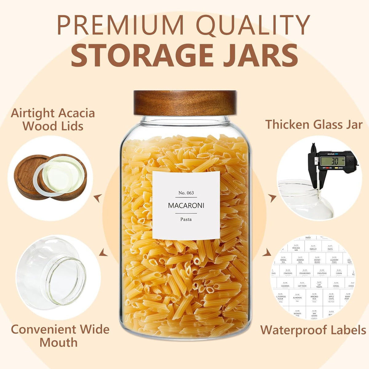 KEYWING 88oz Large Glass Jars with Airtight Acacia Wood Lids, Set of 3 Food Storage Containers for