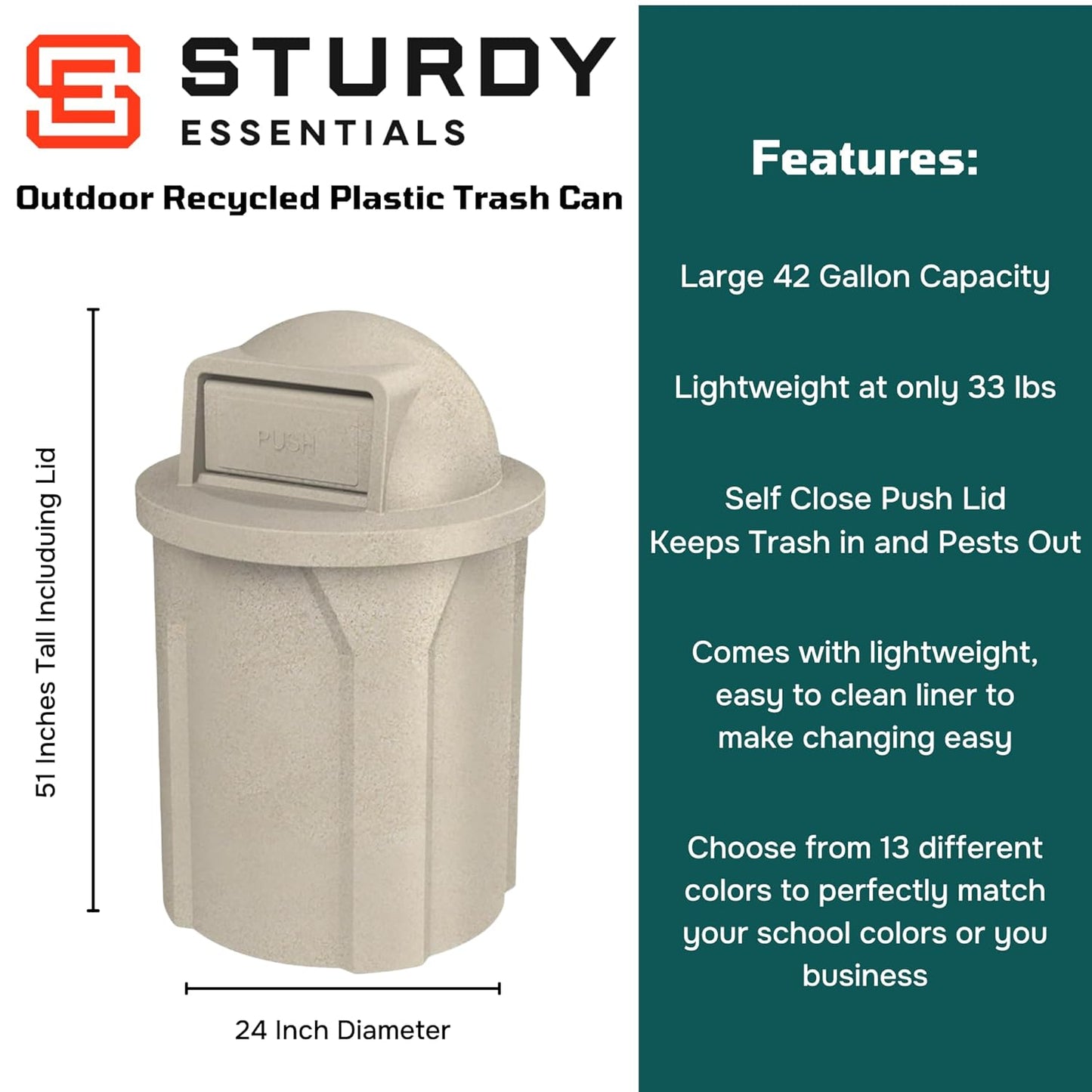 42 Gallon Circle 100% Recycled Plastic Heavy Duty Indoor or Outdoor Commercial Trash Can with Push