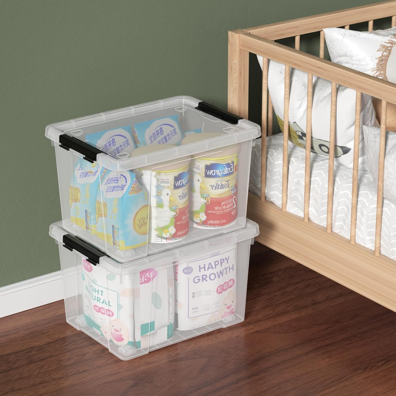 Set of 4 34 L Stackable Plastic Storage Bins with Latching Lids and Wheels, Clear Home Organization