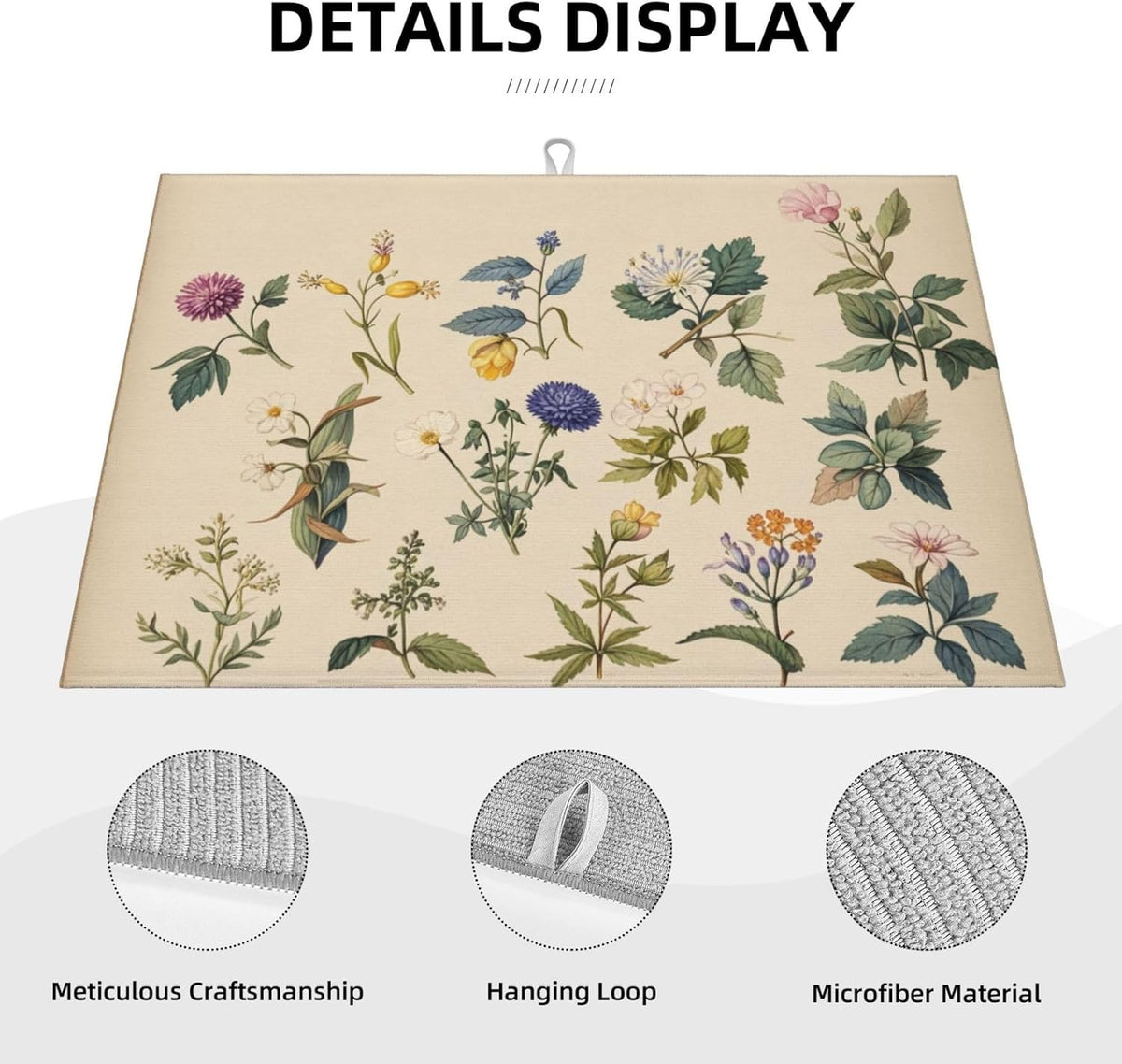 Vintage Plants Herbs Floral Dish Drying Mat Highly Absorbent Double-Sided Microfiber with Hanging
