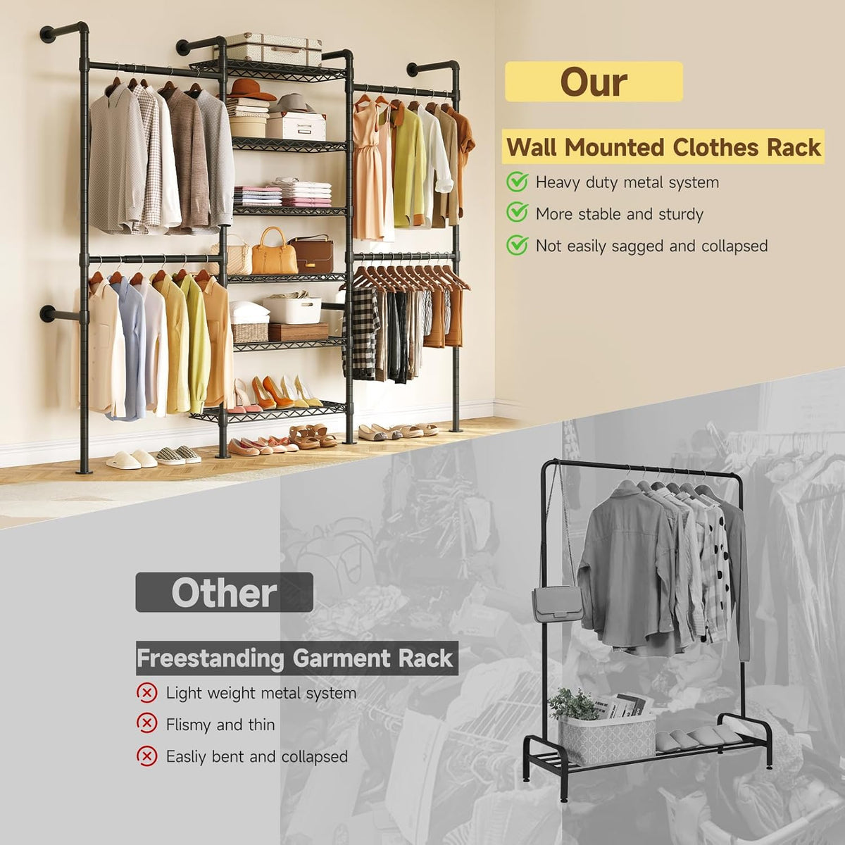 ONBRILL H3 Wall Mounted Closet System, Expandable Industrial Pipe Clothes Rack Clothing Rack for