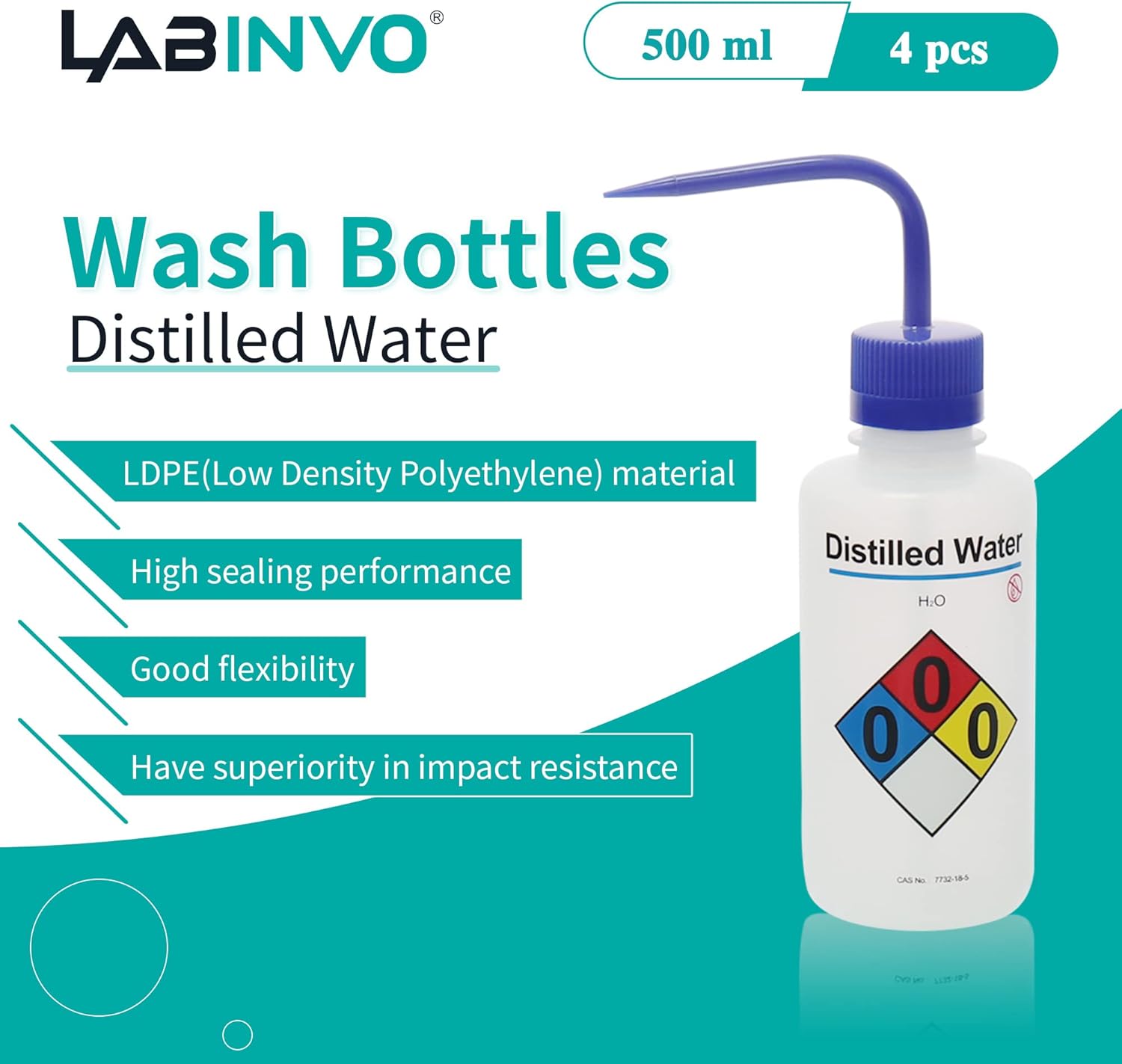 4pcs of Distilled Water Wash Bottles, Vol.500ml (17oz), Narrow Mouth, Self-Venting Safety Wash