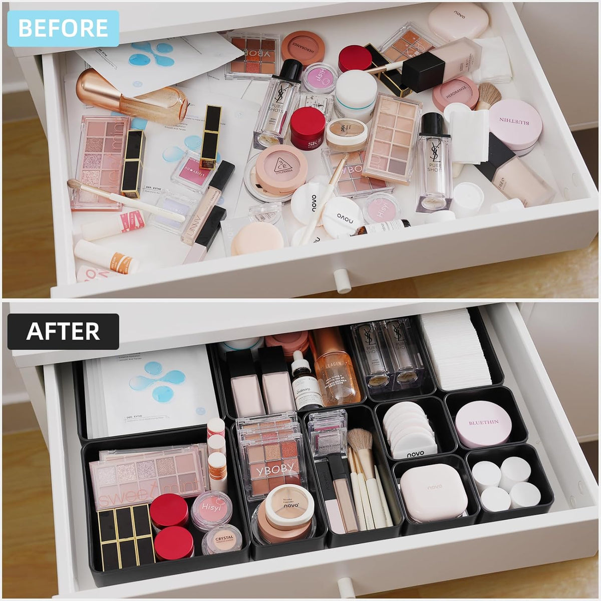 11-Piece Stackable Drawer Organizer Set, Multi-size Desk Drawer Organizer Trays Vanity Storage Bins