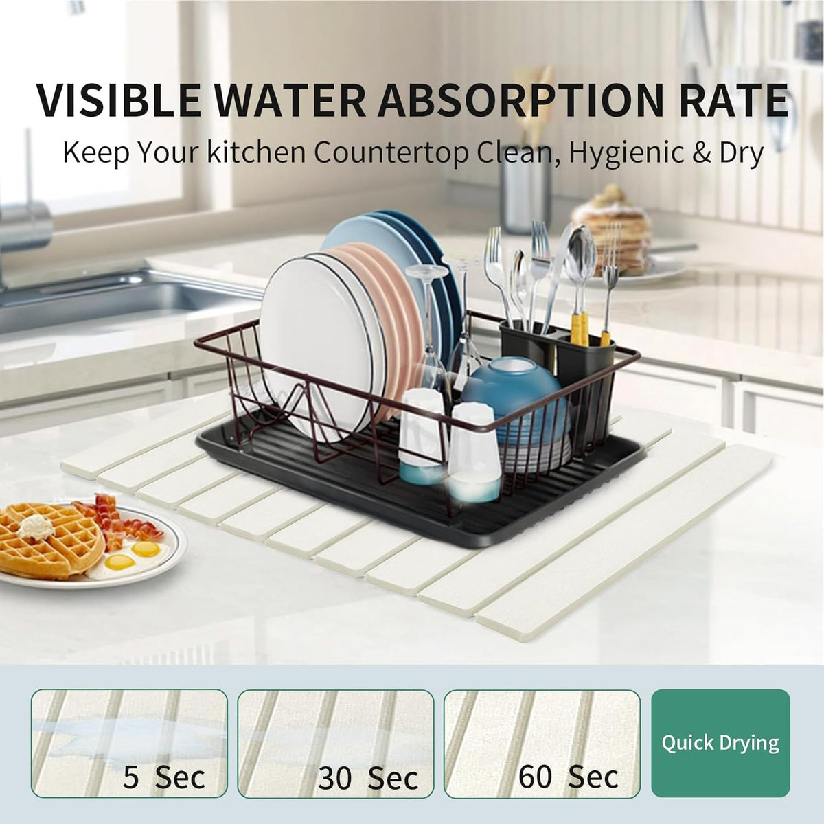 Stone Drying Mat for Kitchen Counter, Collapsible Dish Drying Mat, Fast Drying Diatomaceous Earth