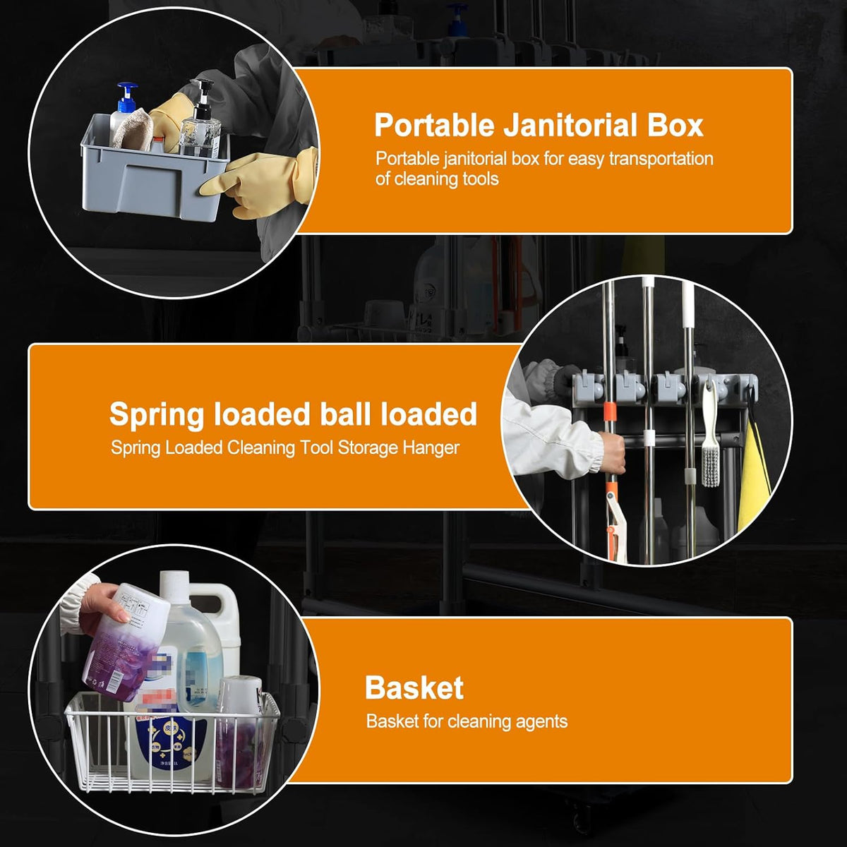 Rolling Cleaning Cart with Mop & Broom Organizer ， Convenient Storage Cart for Janitorial Supplies