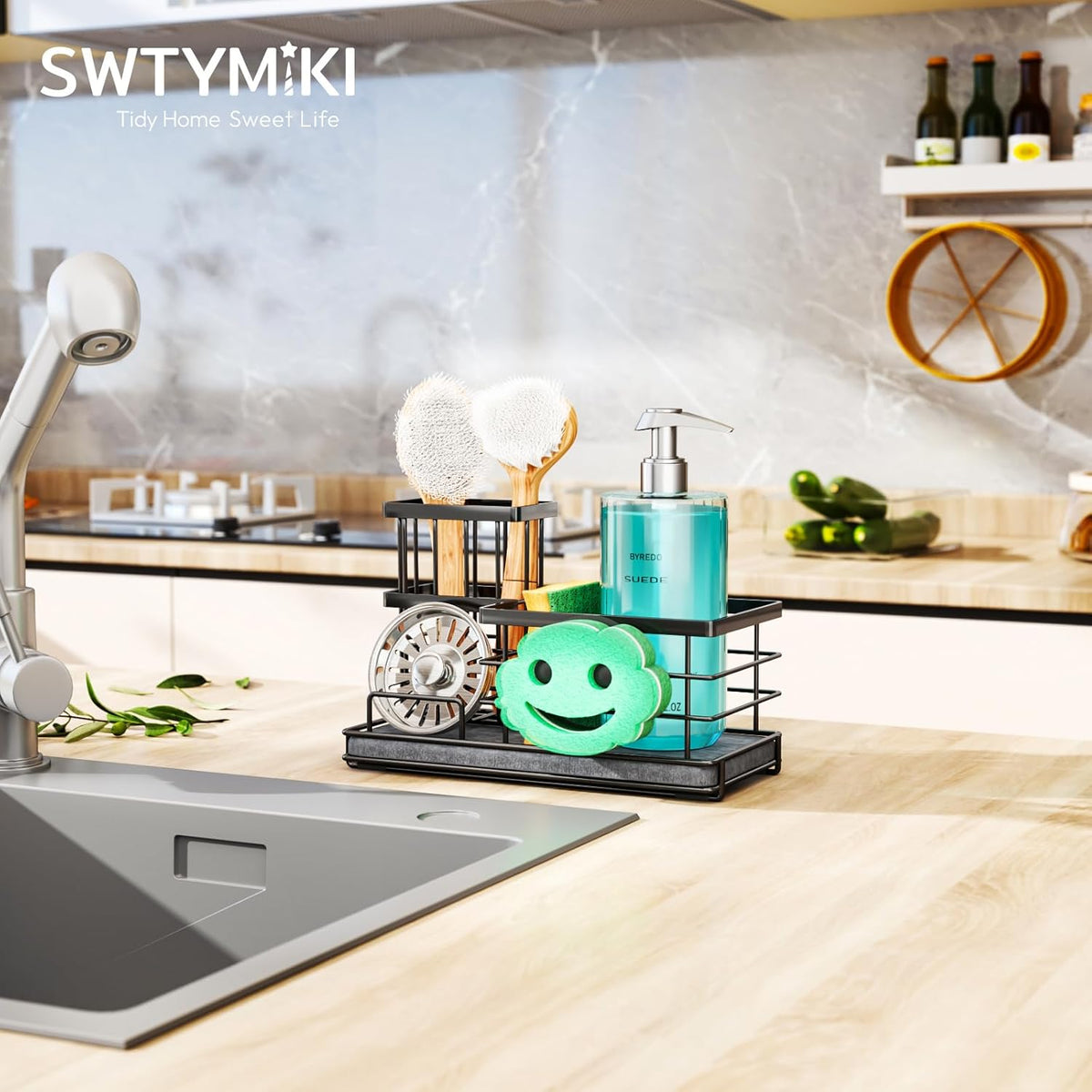 SWTYMIKI Kitchen Sink Caddy Organizer, Quick Dry Smiley Face Sponge Holder with Instant Drying