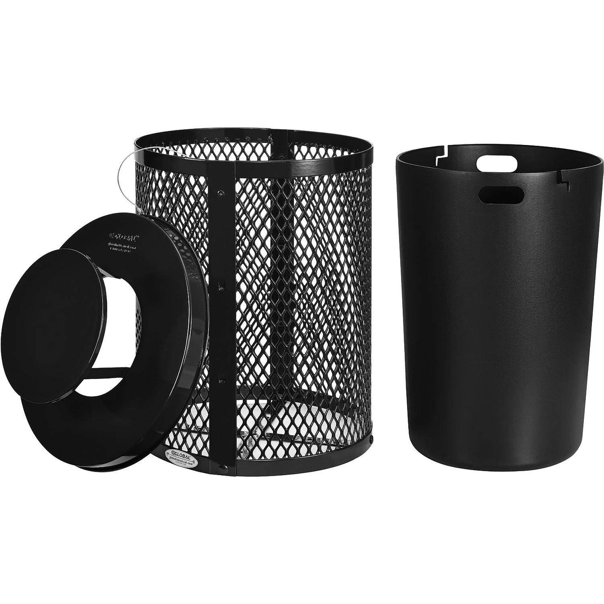 Global Industrial Outdoor Diamond Steel Trash Can with Rain Bonnet Lid and Plastic Liner, 36 Gallon