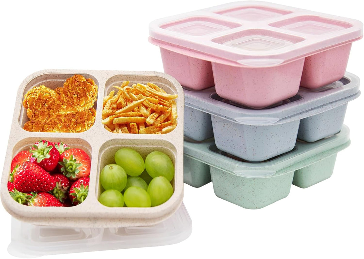 4 Pack Bento Lunch Box，4 Compartment Snack Containers，Divided Bento Snack Box，Meal Prep Containers