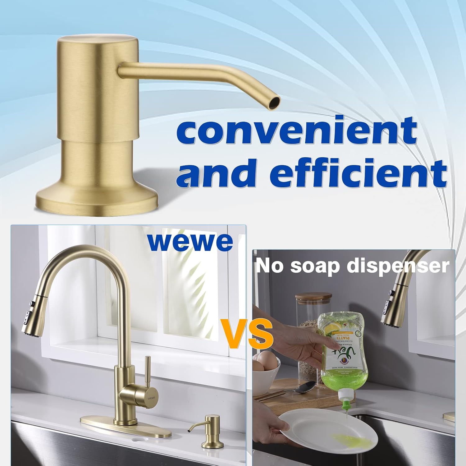 Gold Soap Dispenser for Kitchen Sink, WEWE Brushed Gold Soap Dispenser with Long Spout and Gold