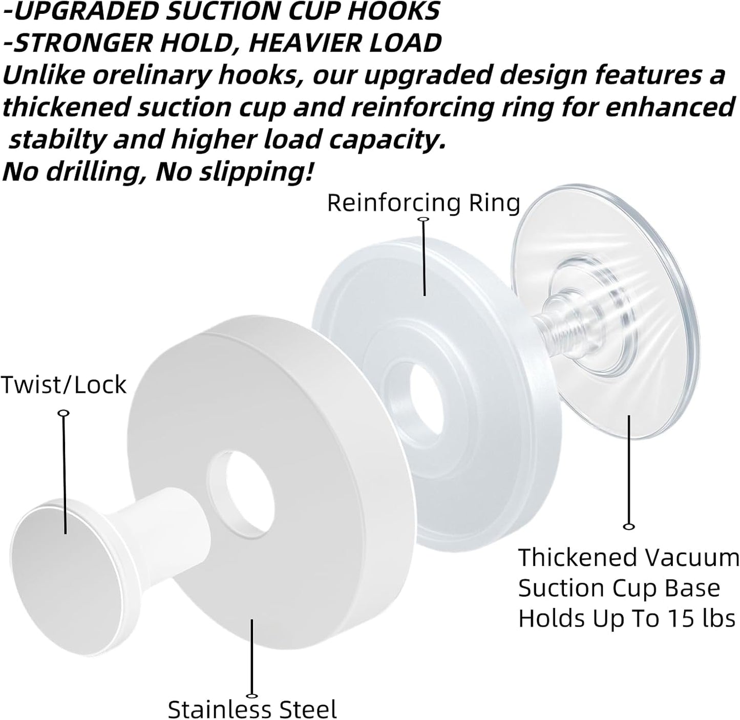 2025 Upgraded Stainless Steel Heavy Duty Suction Cup Hooks For Shower Bathroom Accessories