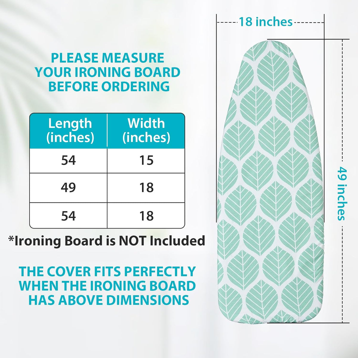 Wide Ironing Board Cover and Pad 18 x 49 inch Heat Reflective with Hook and Loop Fasteners, Thick