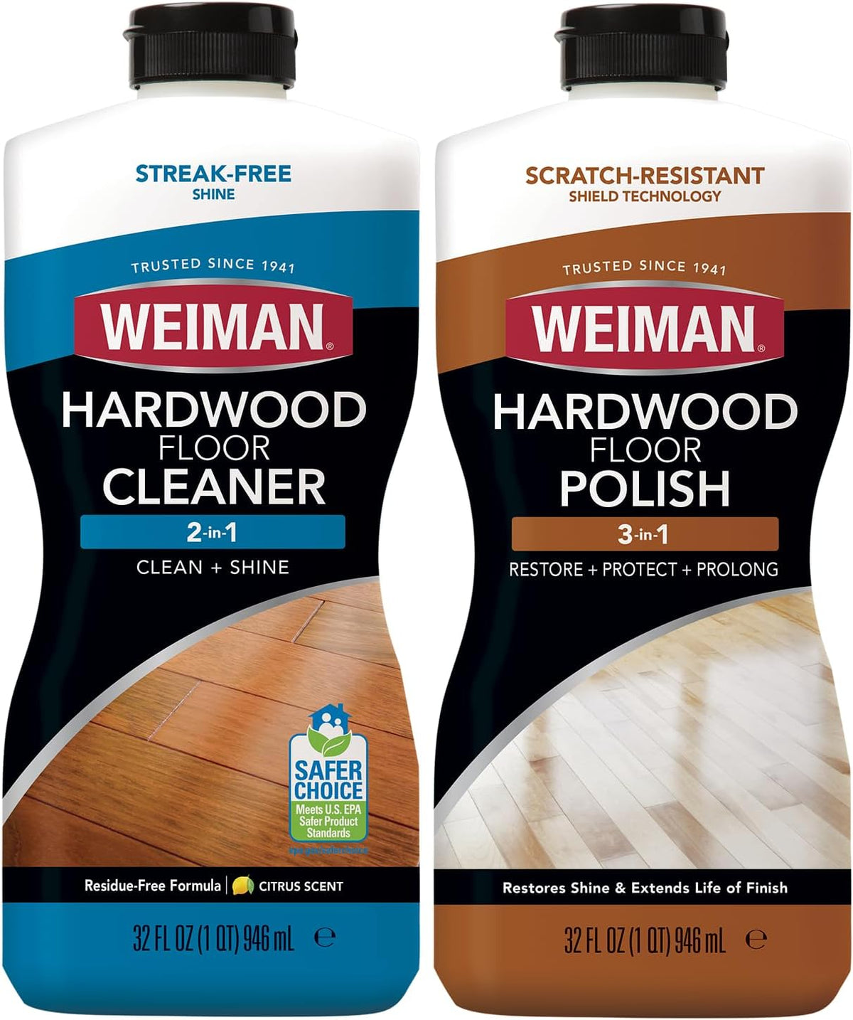 Weiman Hardwood Floor Cleaner and Polish Restorer Combo - 2 Pack - High-Traffic Hardwood Floor