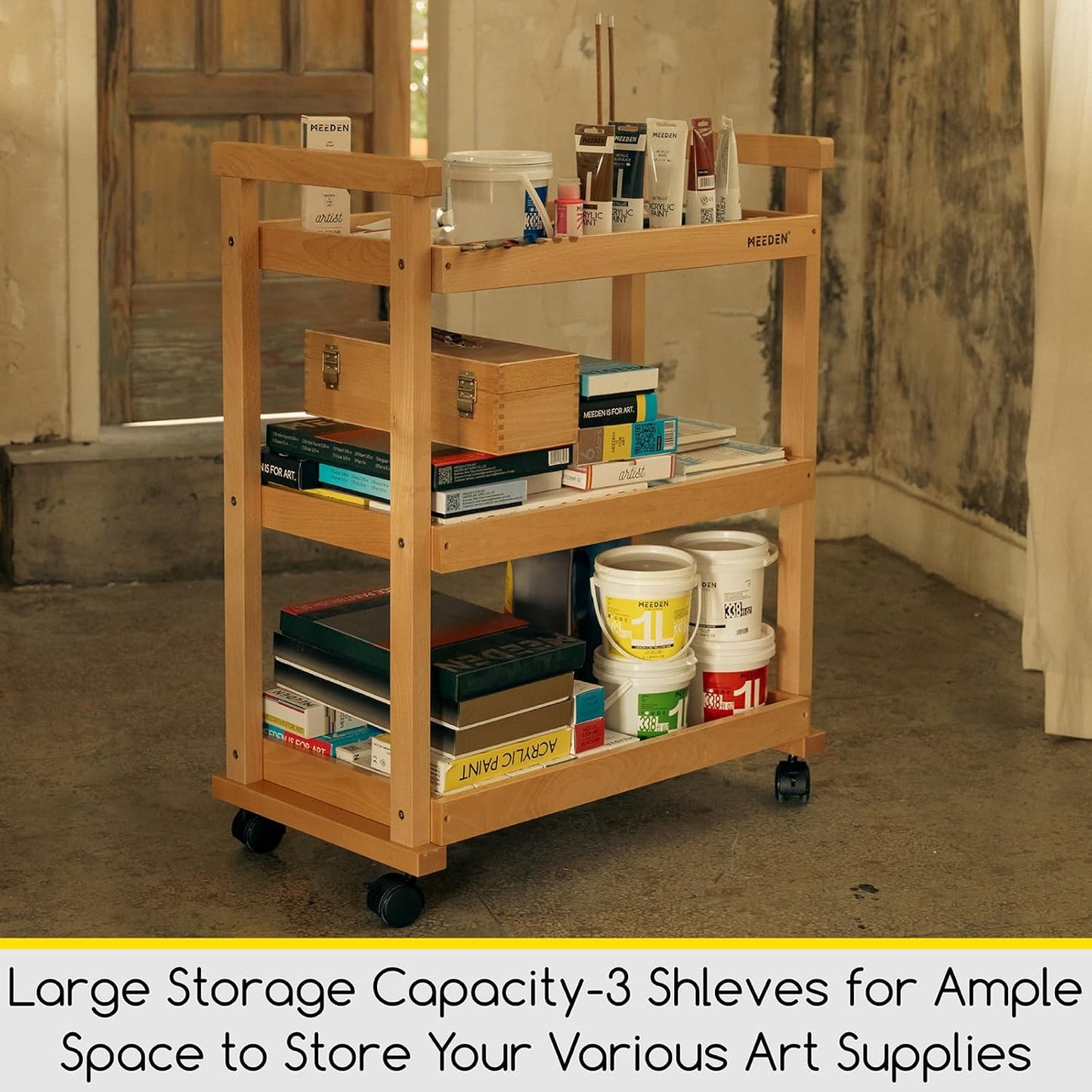 MEEDEN Art Cart Storage Organizer, 3-Tier Rolling Utility Studio Taboret with Caster Wheels