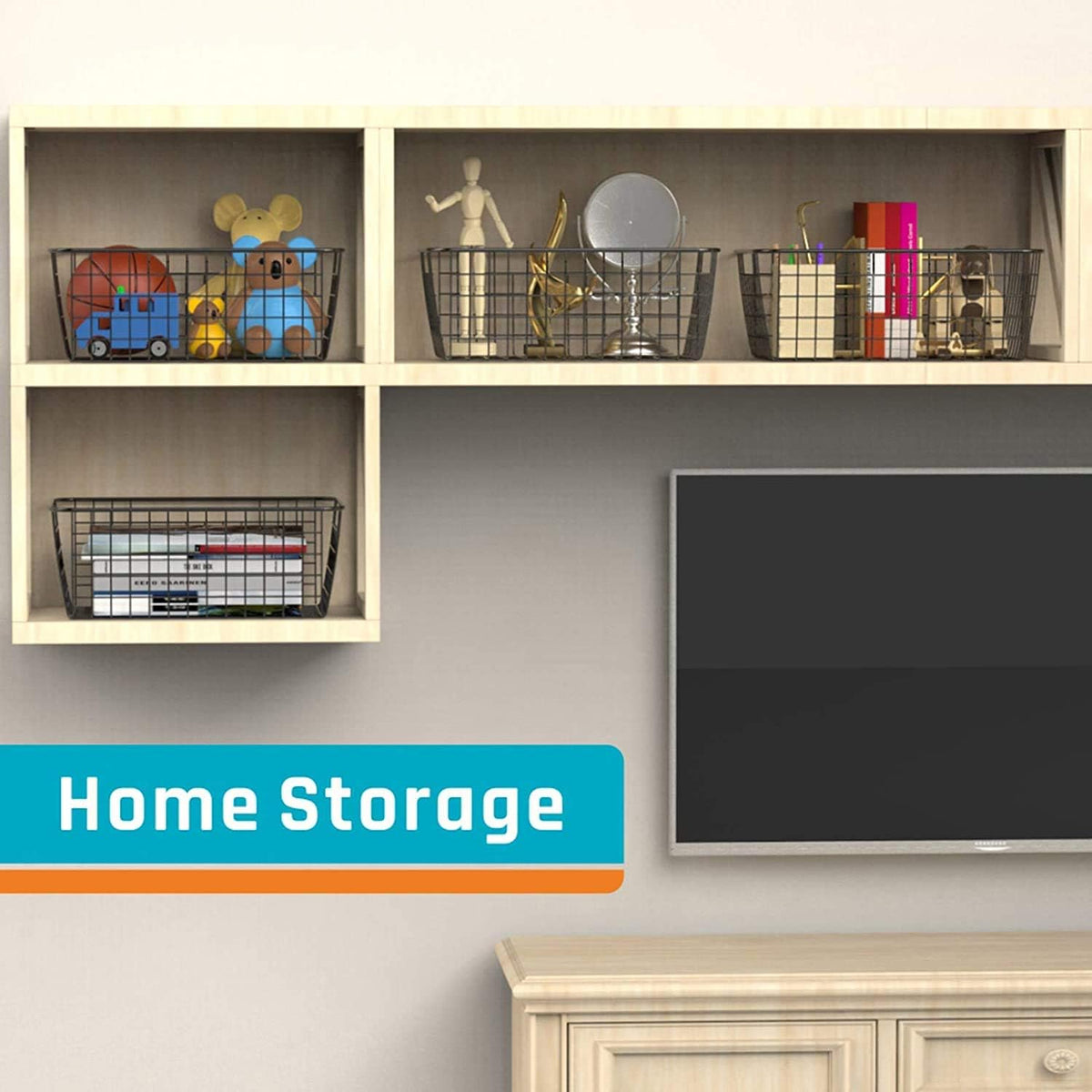 Metal Wire Food Storage Basket Organizer with Wooden Handles for Organizing Kitchen Cabinets, 2