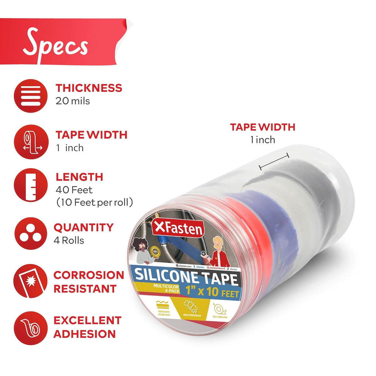 XFasten Self Fusing Silicone Tape Waterproof Multicolor – 1" x 10 Feet 4-Pack, Self Amalgamating