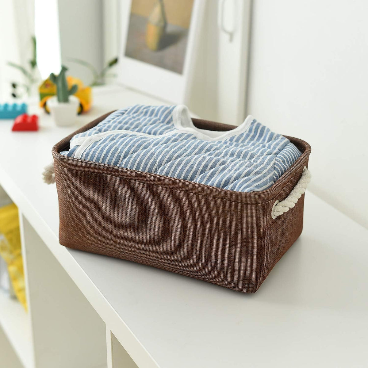 TheWarmHome Small Fabric Canvas Storage Bin with Cotton Rope Handles - Foldable Empty Basket for
