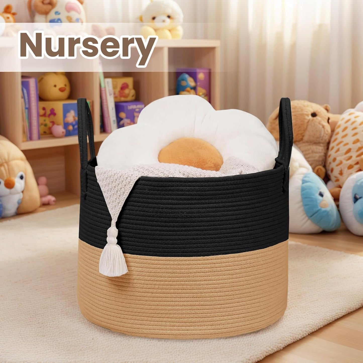 Woven Blanket Basket,115L Large Rope Storage Bin with Handles, Organizer for Blankets Toys Book and