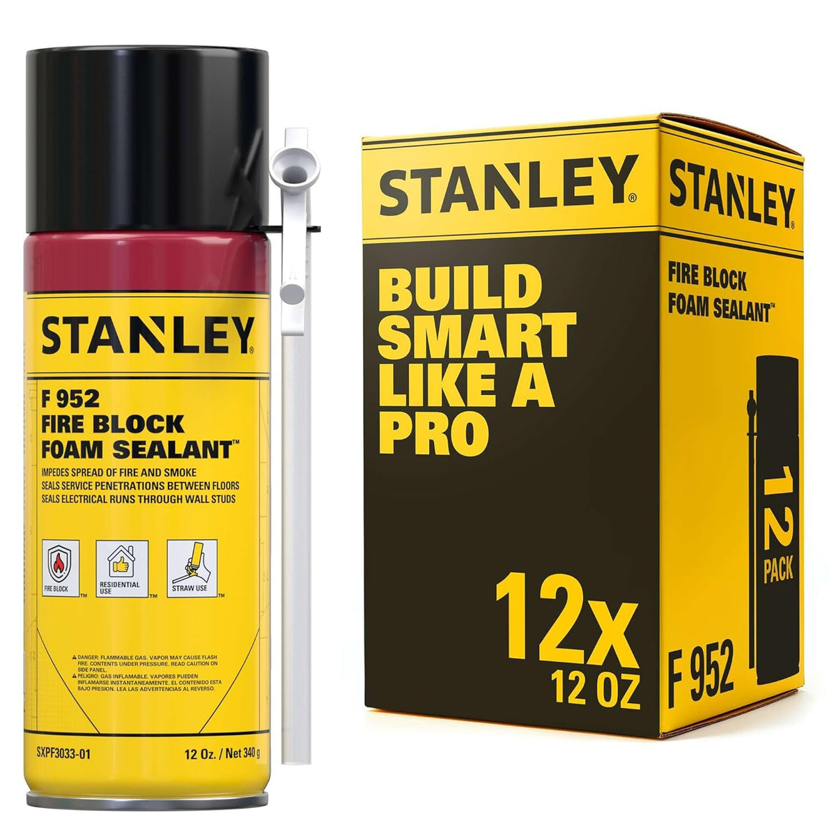 Stanley F952 Fire Block Spray Foam – (12x12oz) Fire Rated Expanding Polyurethane Foam Sealant for