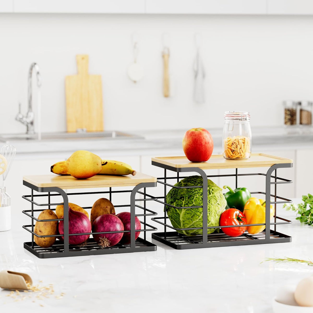 2 Pack Stackable Storage for Kitchen Laundry Pantry Organizers,Trash Bag Holder with Bamboo
