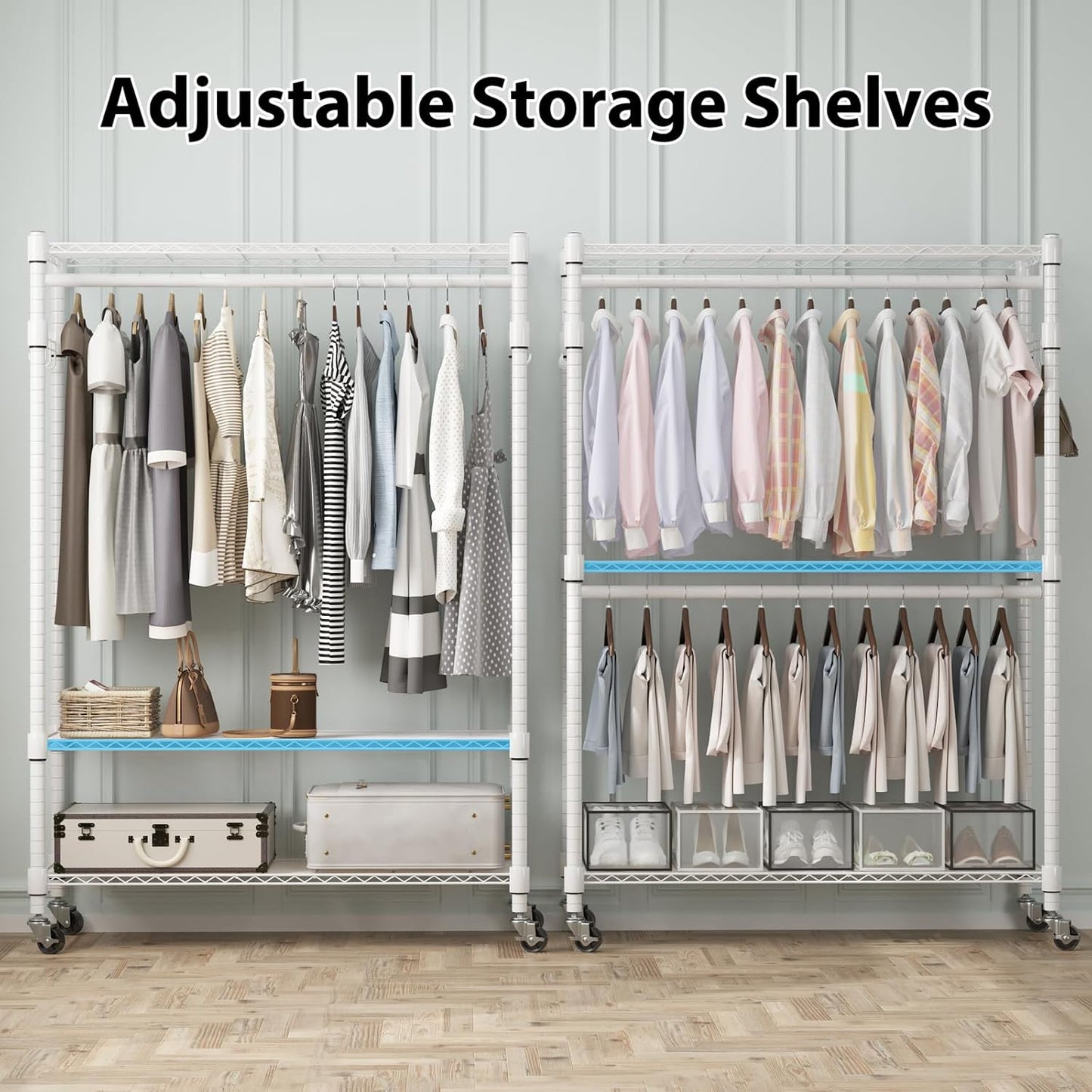 Homdox 3 Tier Heavy Duty Garment Rack with Wheels, Adjustable Wire Clothes Rack with Double Hanging