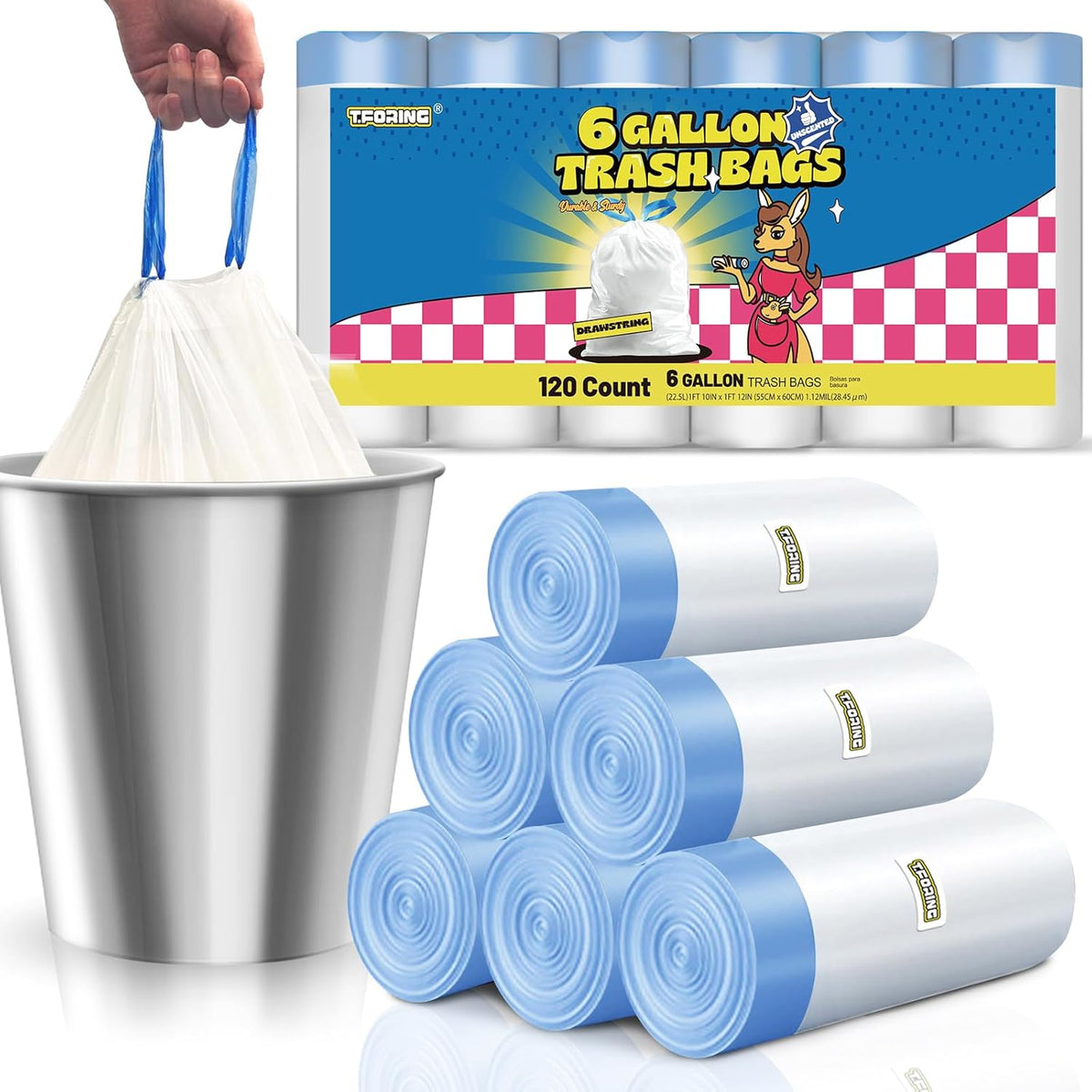 6 Gallon Trash Bags Drawstring 1.1 Mil - 120 Count Medium Garbage Bags,22.5 Liter Strong Plastic