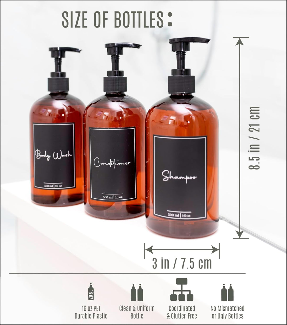 Alora 5-in-1 Apothecary Bottles for Home & Commercial Use - 16oz Elegant 8.5x3in Refillable Amber