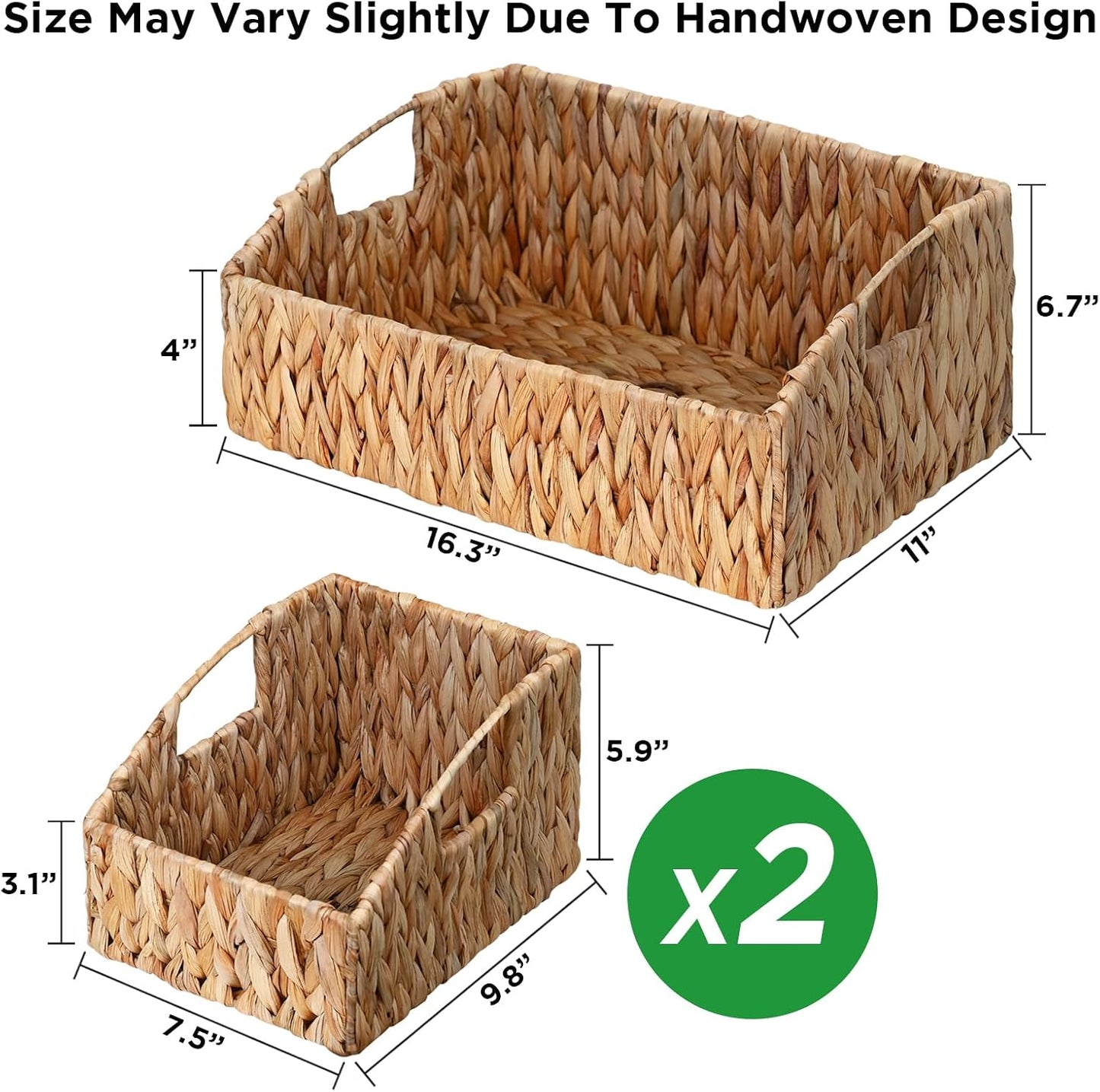 Ollieroo Natural Water Hyacinth Storage Baskets, Handwoven Wicker Storage Bins with Built-in