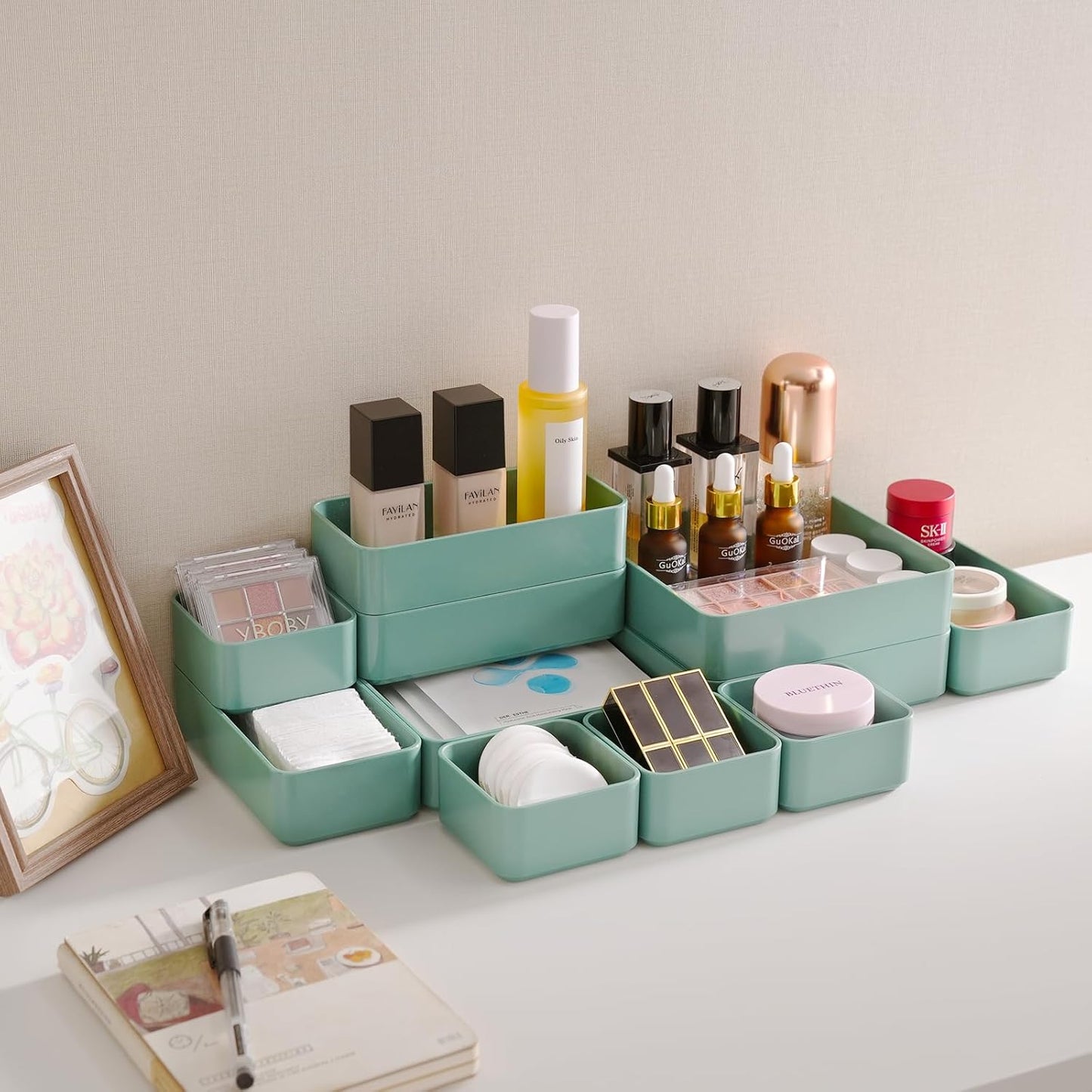 11-Piece Stackable Drawer Organizer Set, Multi-size Desk Drawer Organizer Trays Vanity Storage Bins