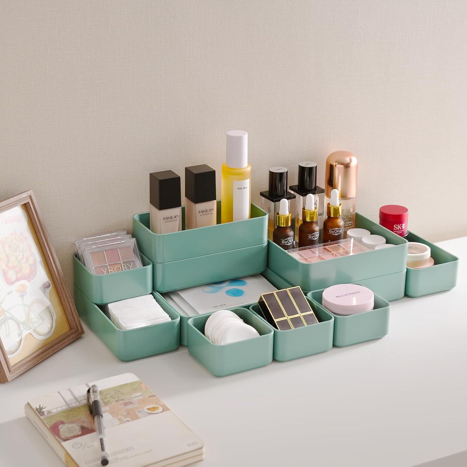 11-Piece Stackable Drawer Organizer Set, Multi-size Desk Drawer Organizer Trays Vanity Storage Bins