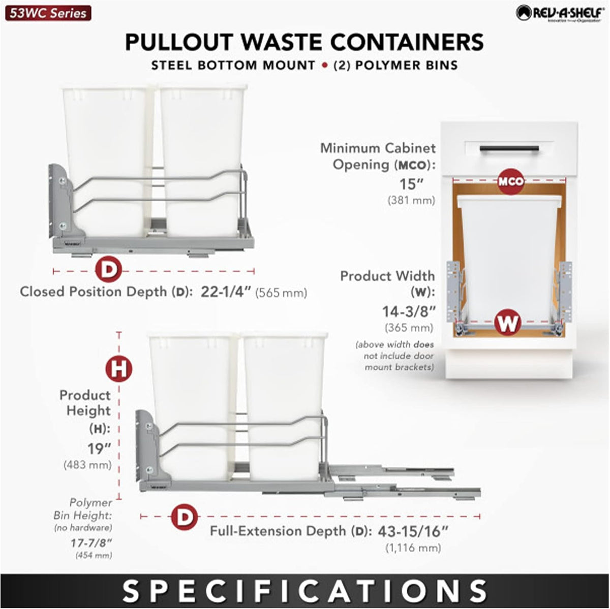 Rev-A-Shelf Double Trash Can Under Kitchen Cabinets Pullout, 35 Quart 8.75 Gallon with Soft-Close