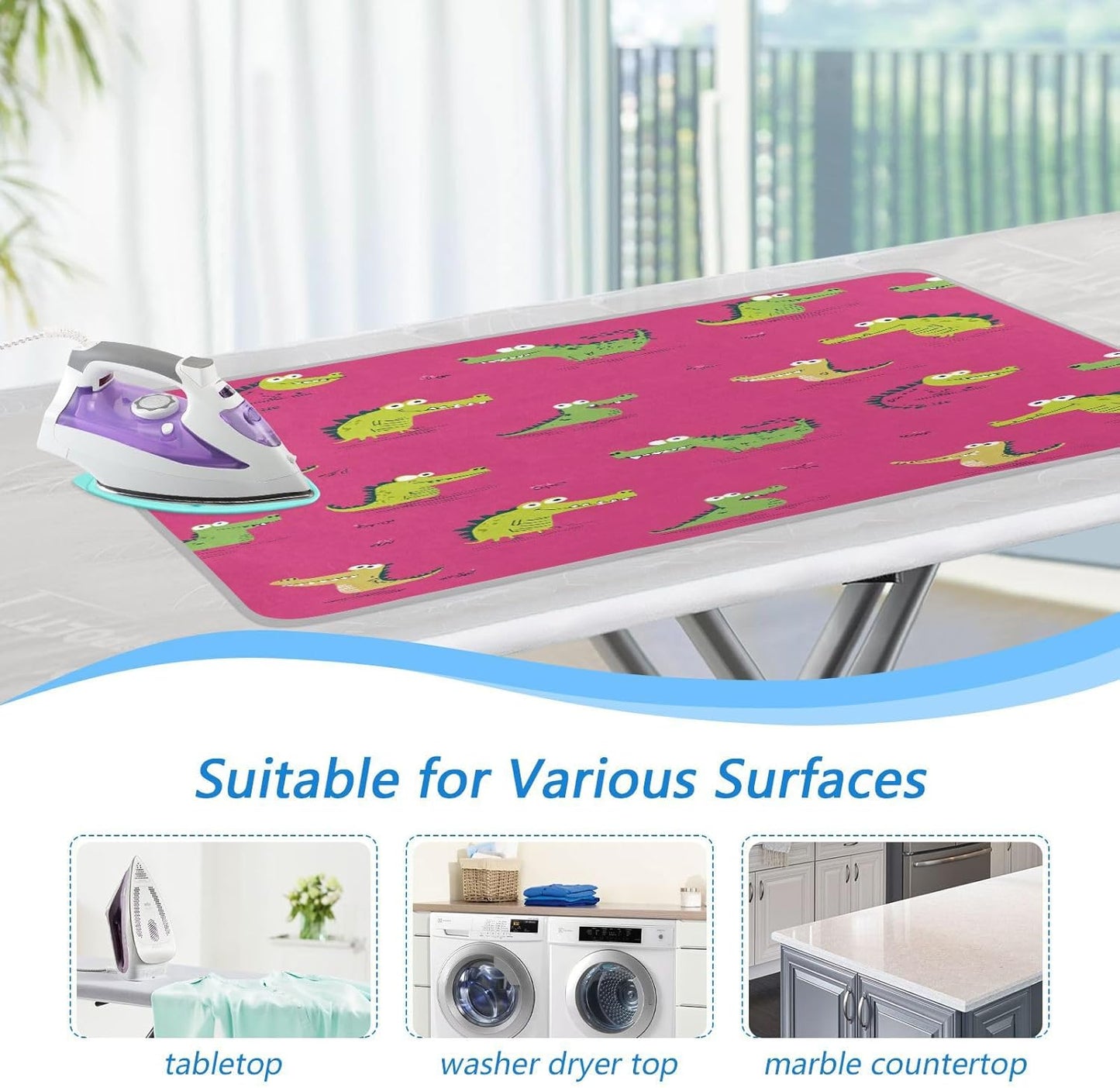 Pink Funny Crocodiles Ironing Mat Thickened Ironing Blanket Travel Portable Double-Side Using