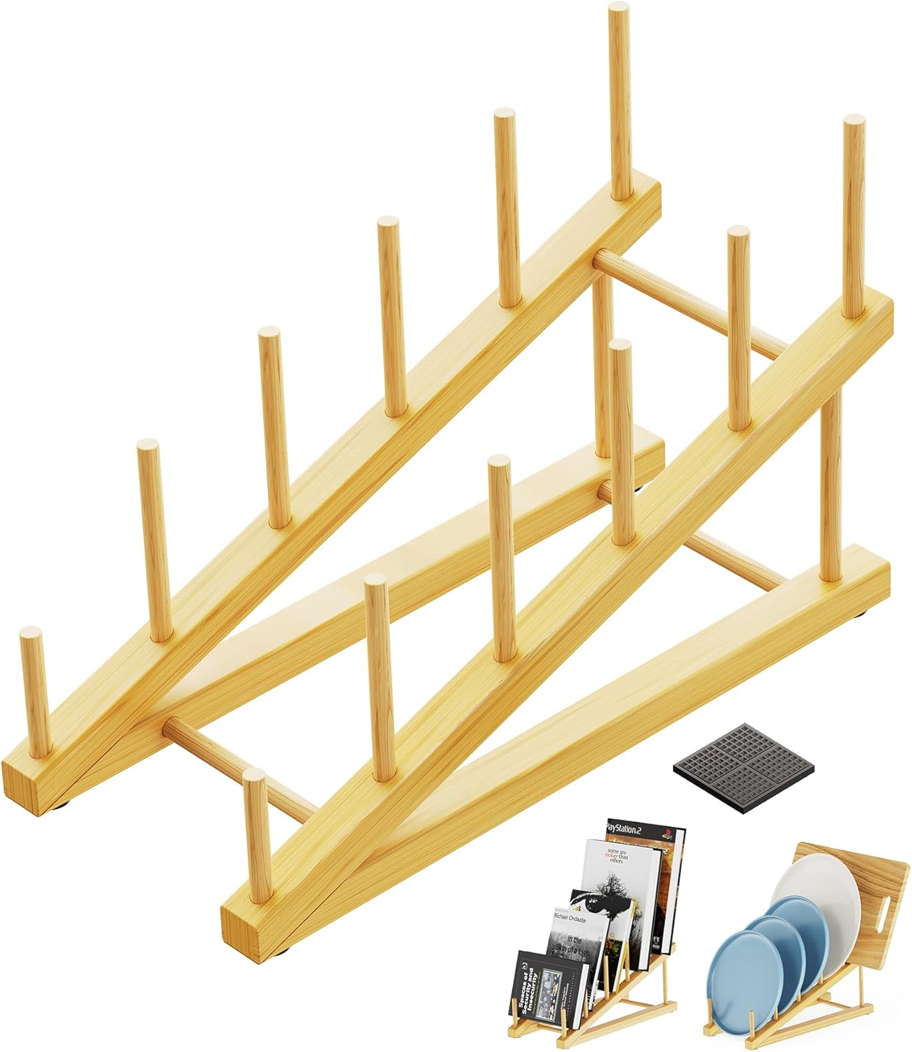 Bamboo Dish Drying Rack, 5 Slots Kitchen Organizer Craft Show Display Stand for Holds Plates, Bowls