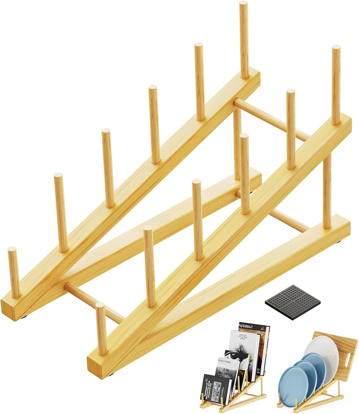 Bamboo Dish Drying Rack, 5 Slots Kitchen Organizer Craft Show Display Stand for Holds Plates, Bowls