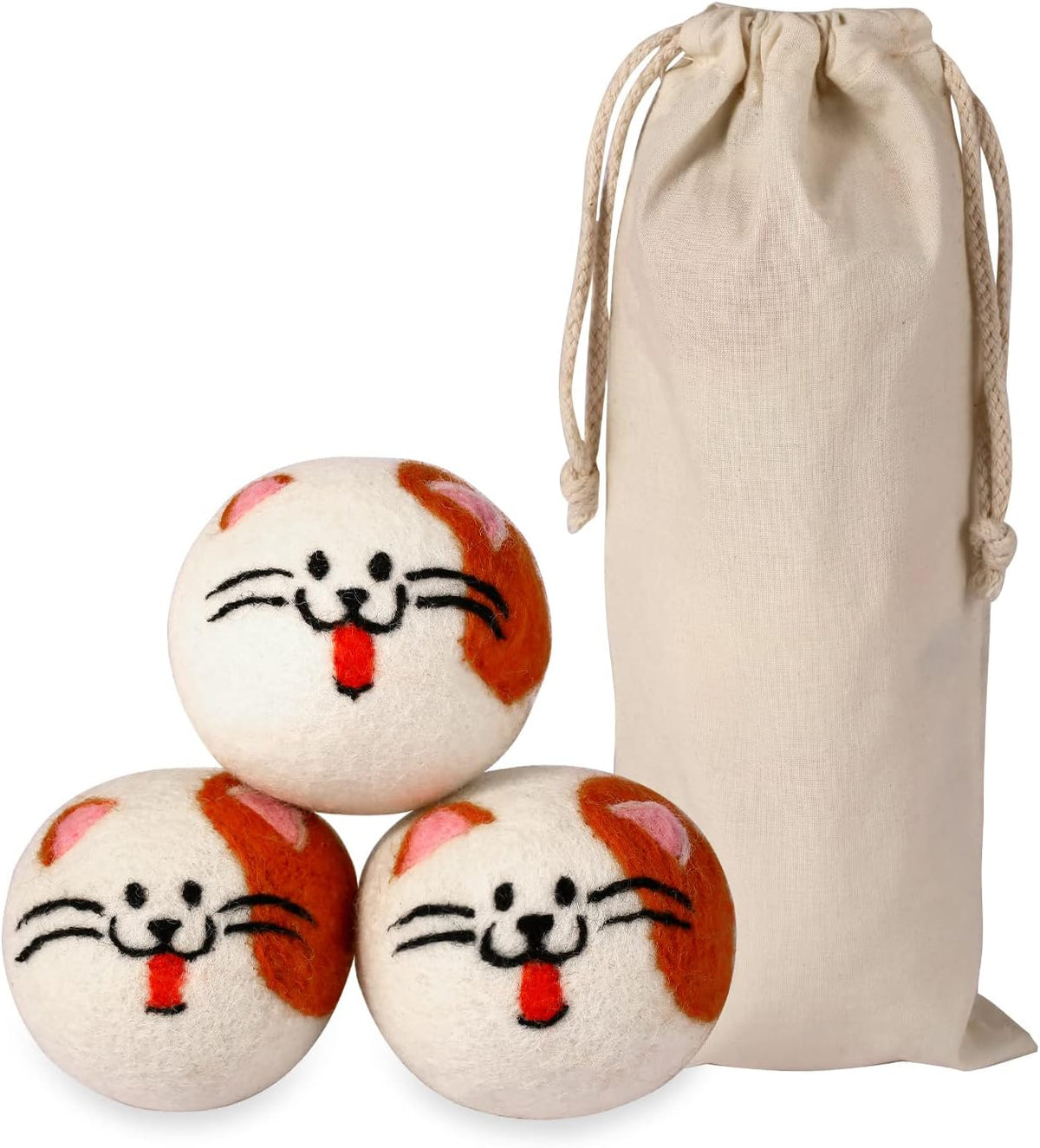 Wool Dryer Balls XL, Cute Cat Face Shape Handmade Dryer Balls Laundry Reusable, Fabric Softener