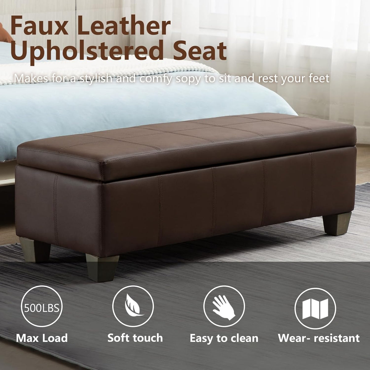 51 Inch Brown Faux Leather Ottoman with Storage, Rectangular Extra Long Bench, End of Bed Bench