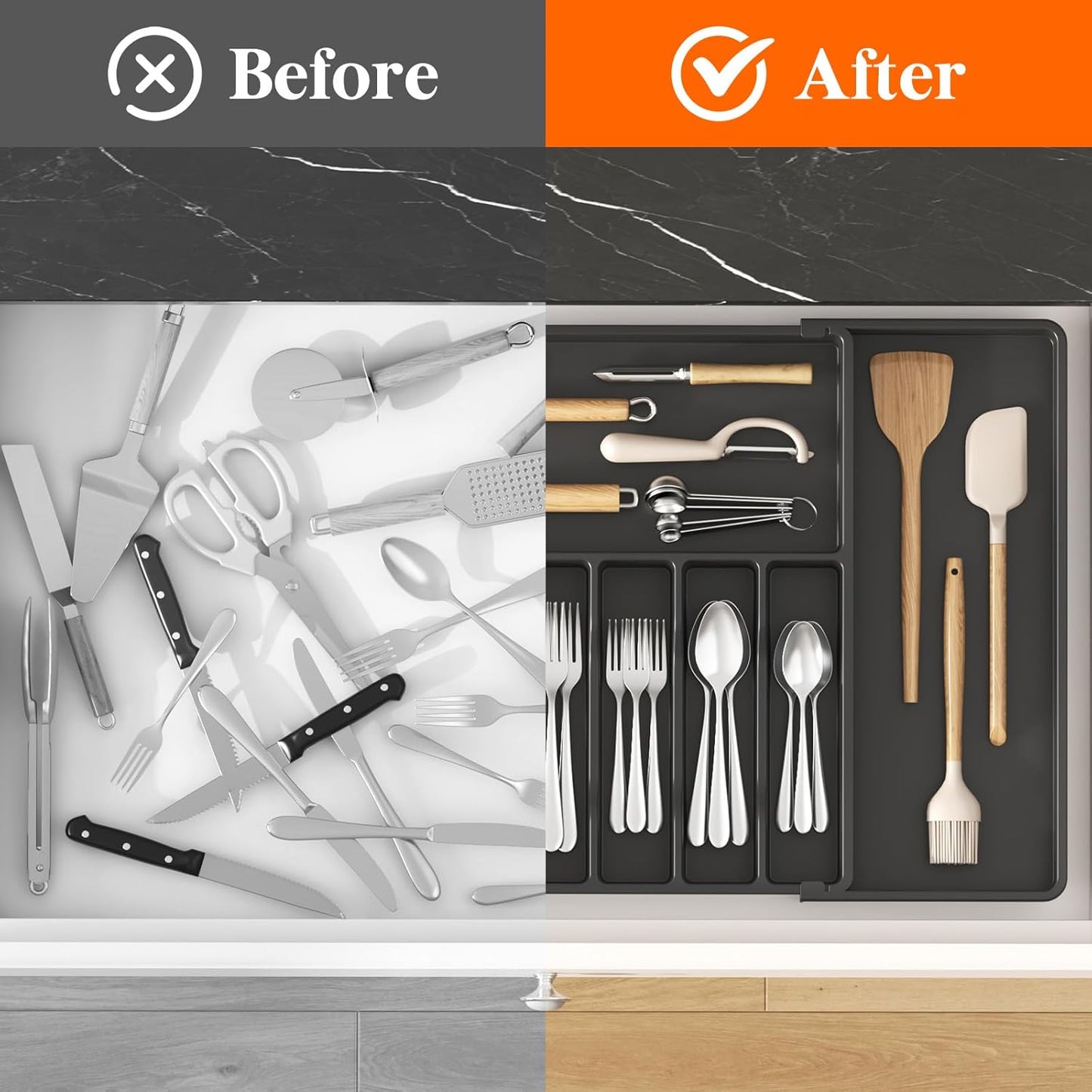 Lifewit Silverware Drawer Organizer, Expandable from 16.9 to 30 inches, Large Utensil Tray for