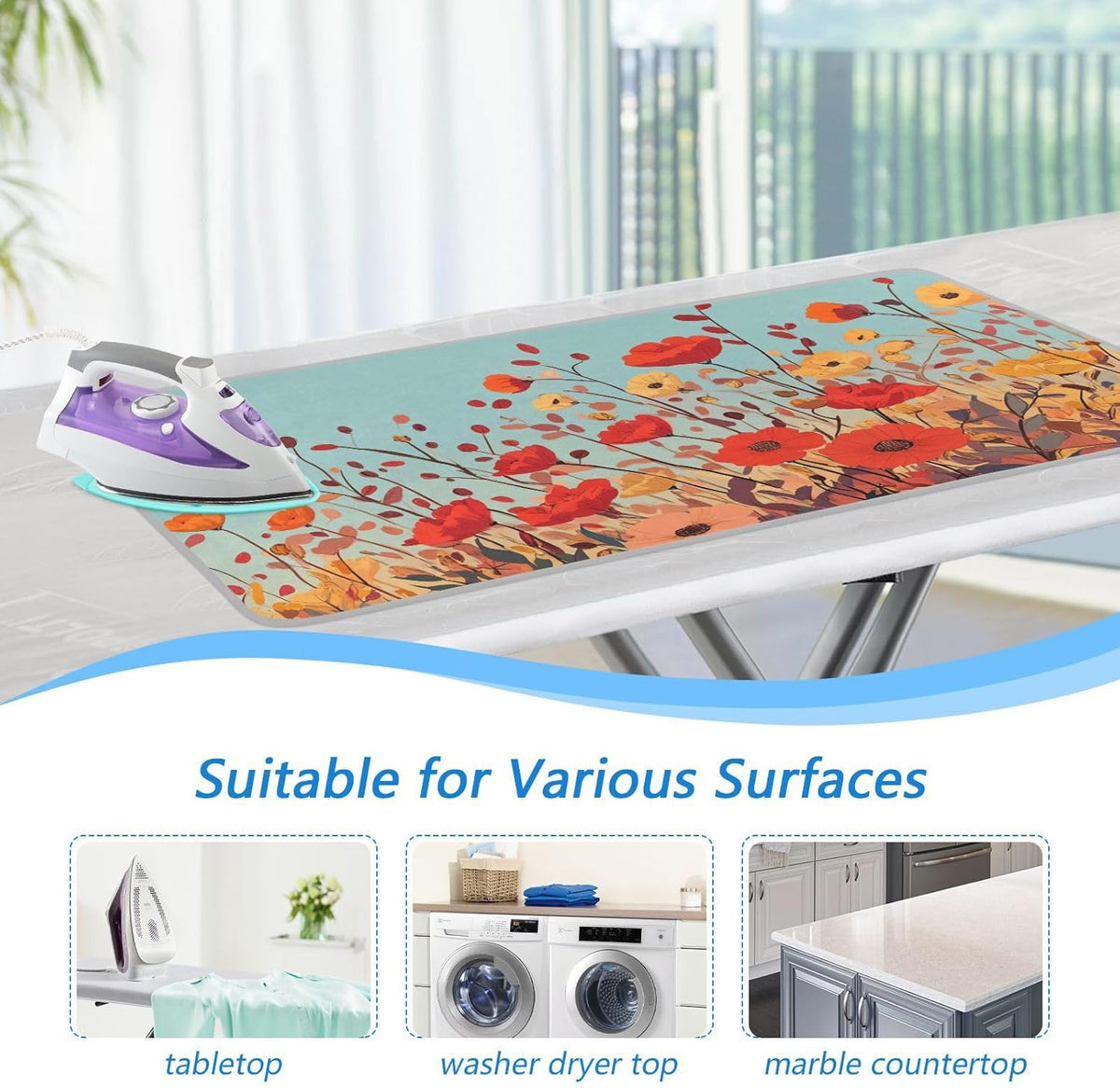Autumn Poppy Flowers 01 Ironing Mat for Table top Portable Ironing Pad Blanket for Washer Dryer