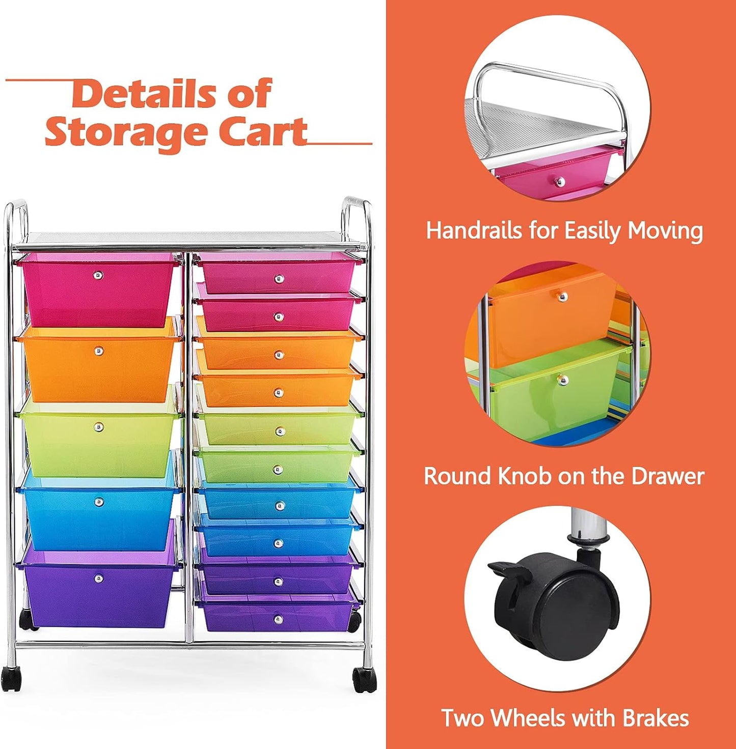 GOFLAME 15-Drawer Rolling Storage Cart, Multipurpose Movable Organizer Cart, Utility Cart for Home