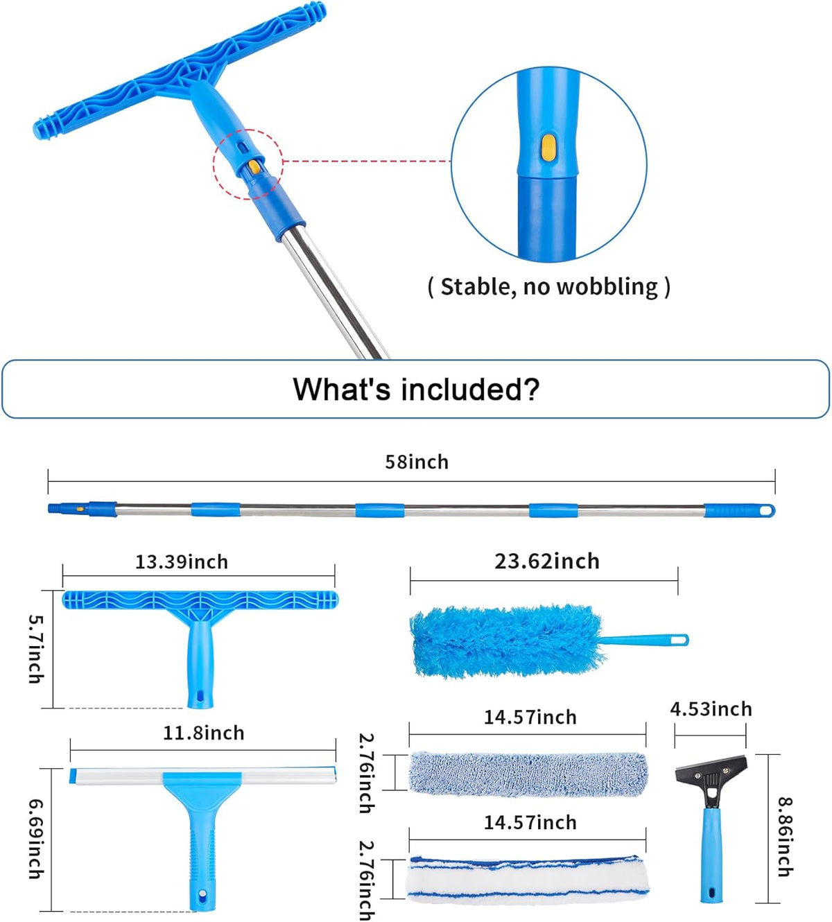 Window Squeegee Cleaner with 4 Stainless Steel Extension Poles,Long Reach to 58inch, Scrubber