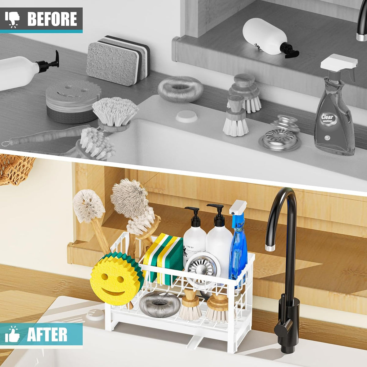 Sponge Holder for Kitchen Sink with Flexible Sink Caddy Smiley Face,2 Tier Kitchen Sponge Holder
