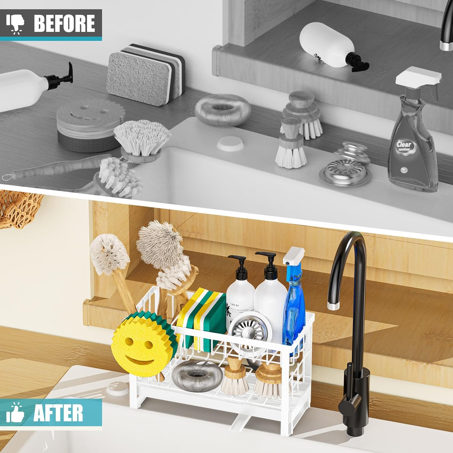 Sponge Holder for Kitchen Sink with Flexible Sink Caddy Smiley Face,2 Tier Kitchen Sponge Holder
