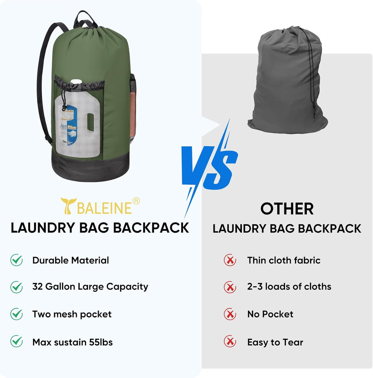 BALEINE 150L Laundry Bag Backpack, 900D Oxford Fabric Large Travel Laundry Bags with Shoulder