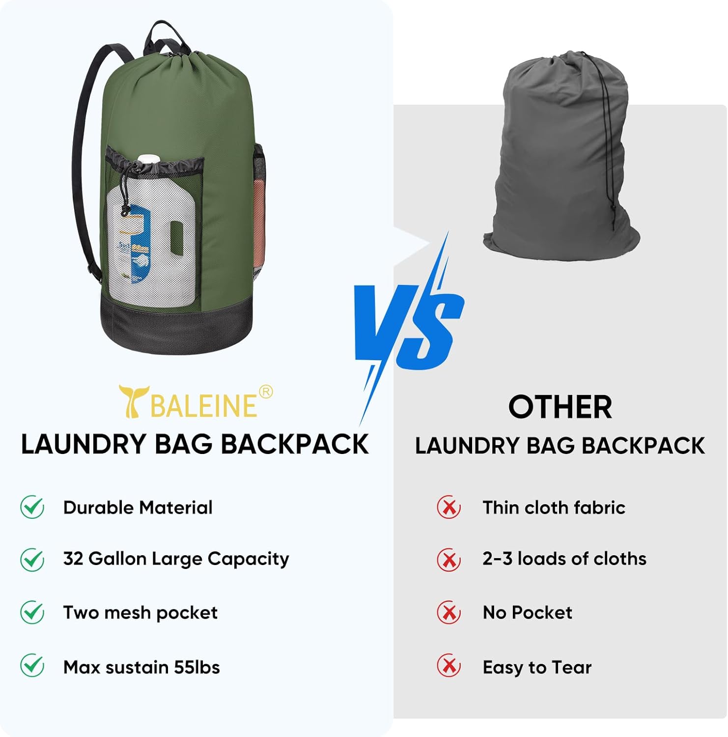 BALEINE 150L Laundry Bag Backpack, 900D Oxford Fabric Large Travel Laundry Bags with Shoulder
