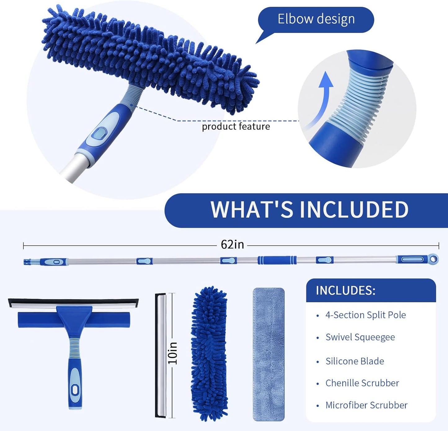 LOMIDA Professional Window Squeegee Kit - 62" Lightweight Aluminum Pole, 2 in 1 Rotatable Window