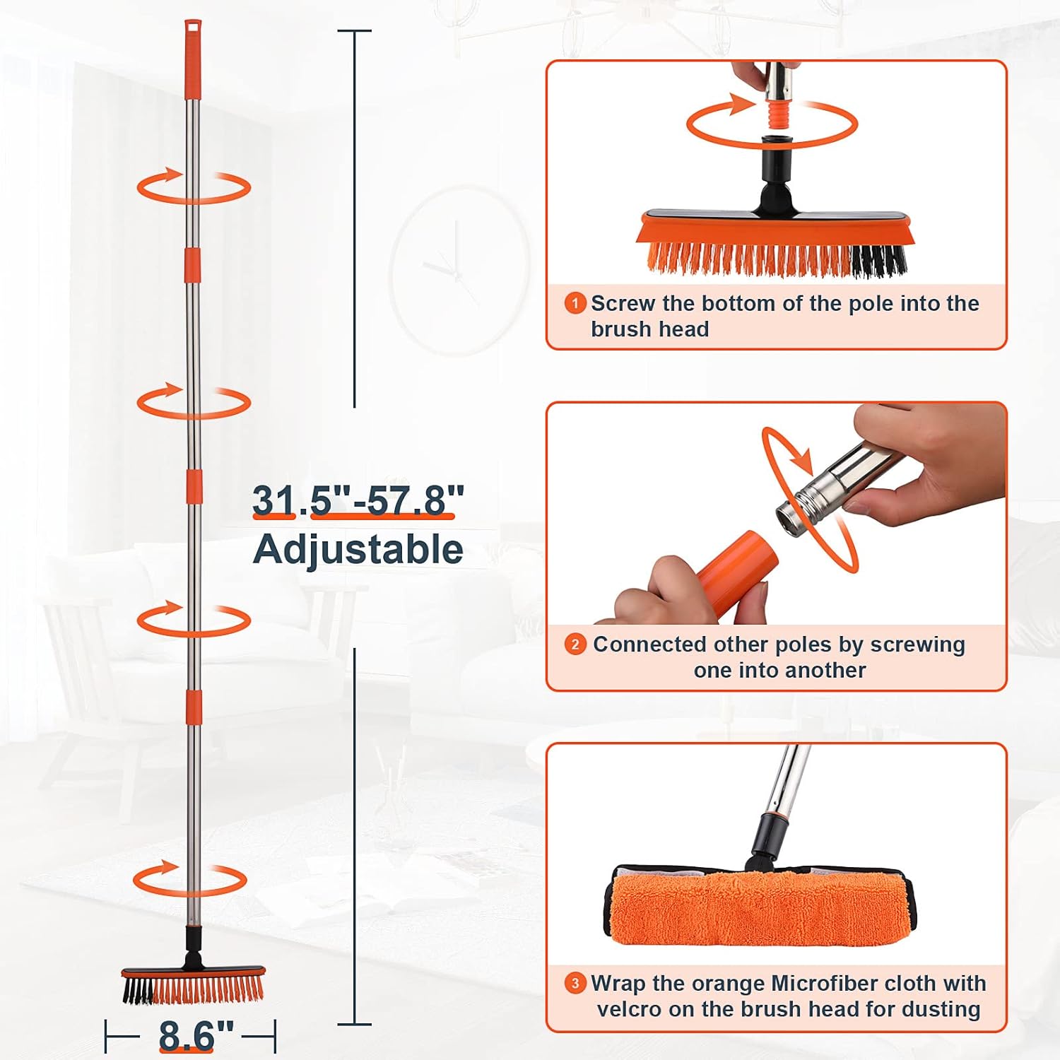 2 in 1 Floor Scrub Brush Grout Brush with 57.8" Long Handle,120°Rotatable Shower Tile Grout Cleaner