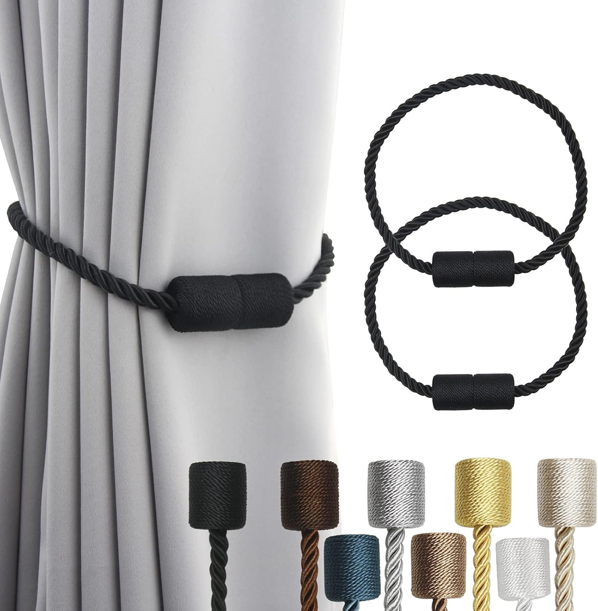 2 Pack Black Strong Magnetic Curtain Tiebacks Outdoor Elegant Decorative Tie Backs Modern Rope