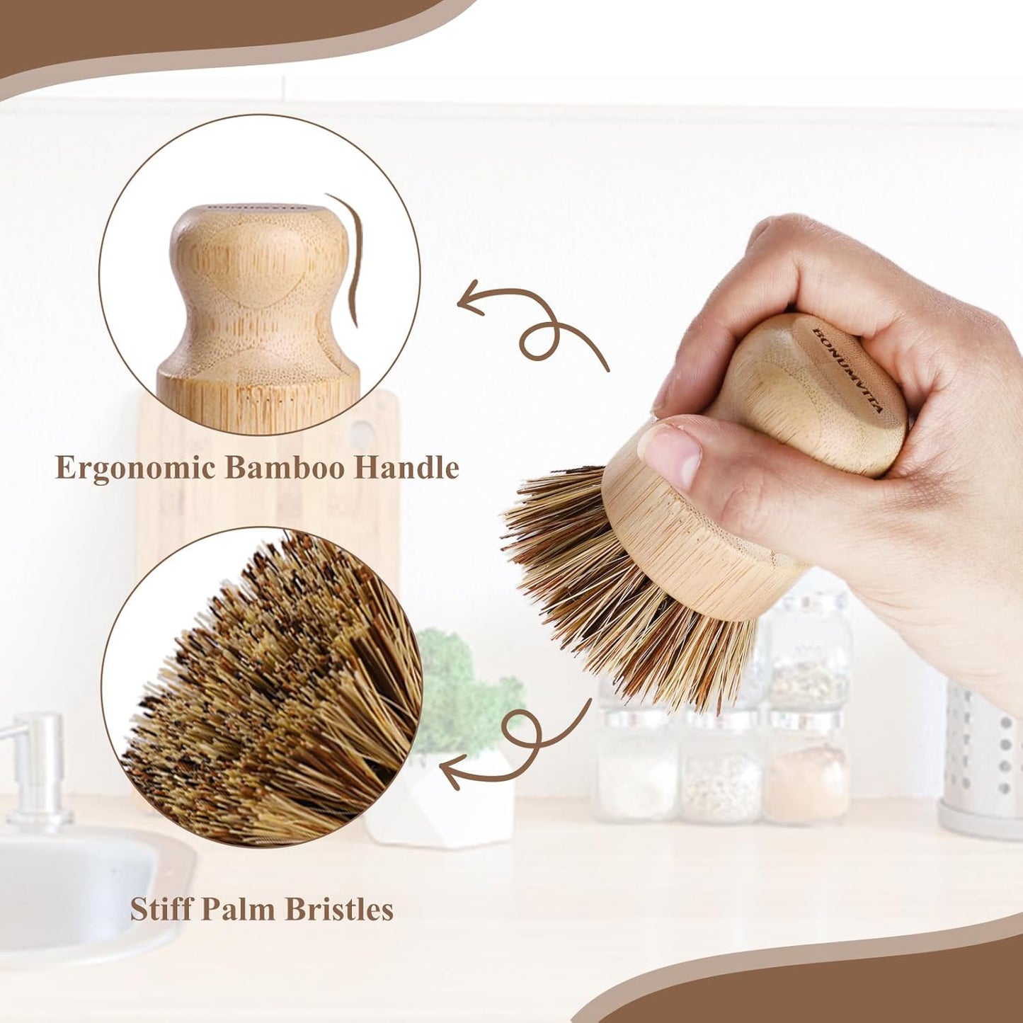 Bamboo Dish Brush Set,4 Pack Kitchen Palm Pot Brush with Union Fiber, Natural Bamboo Dish Scrub