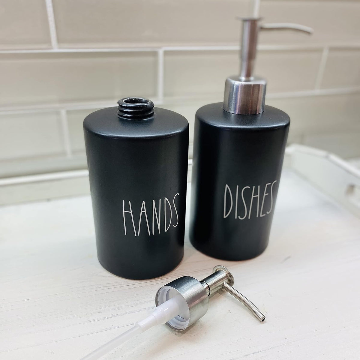 Modern Farmhouse Ceramic Dishes and Hands Soap Dispenser Set for Kitchen | Stainless Steel Pumps |