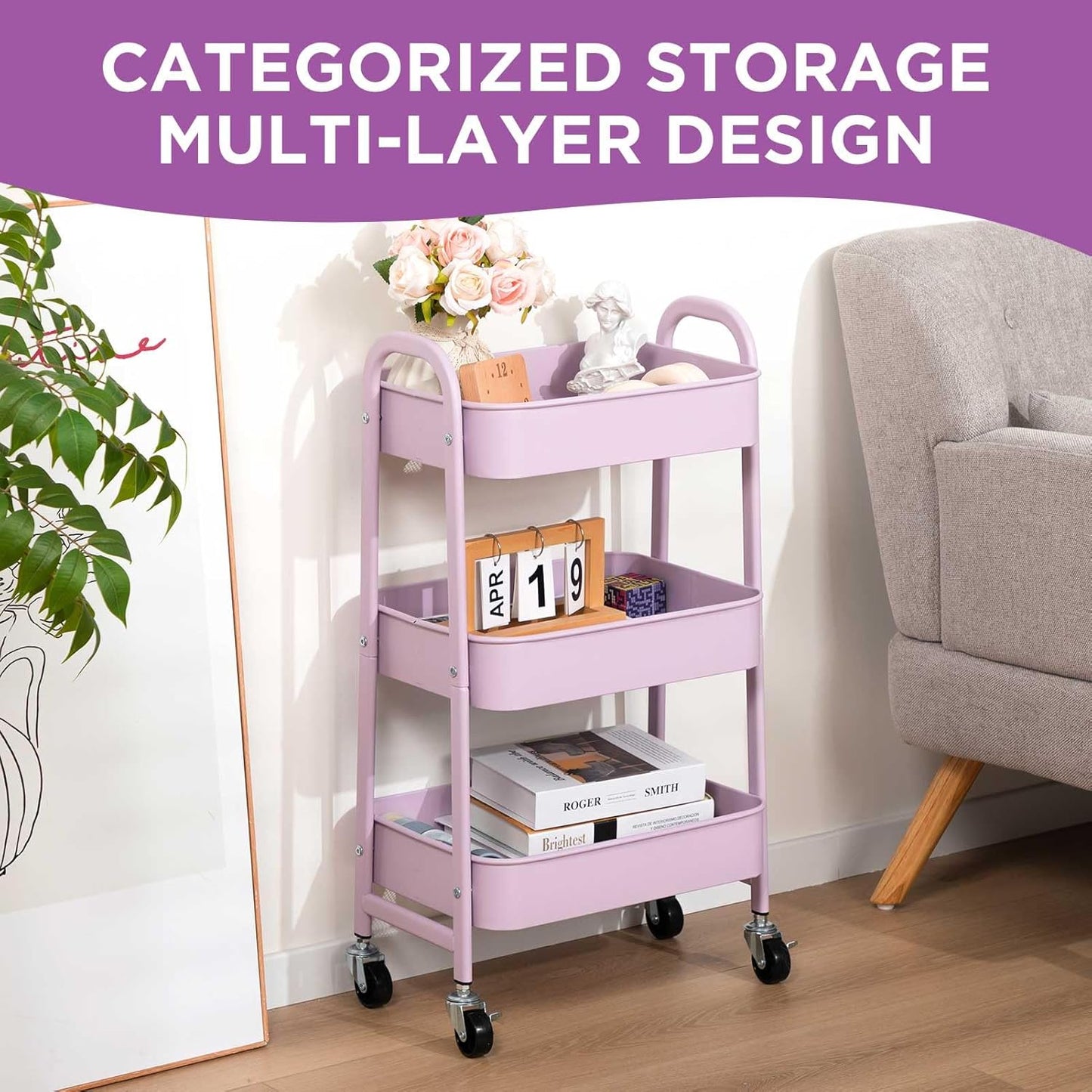 AGTEK Makeup Cart, Movable Rolling Organizer Cart, 3 Tier Metal Utility Cart with Lockable Wheels